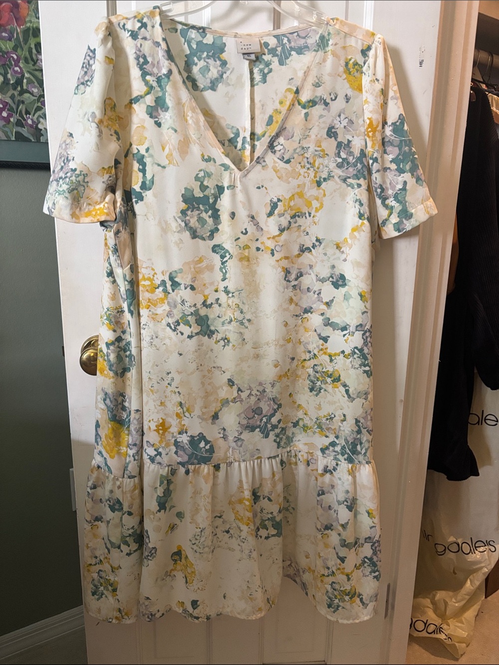 a new day Cream  Dress with Yellow & Teal Abstract Print